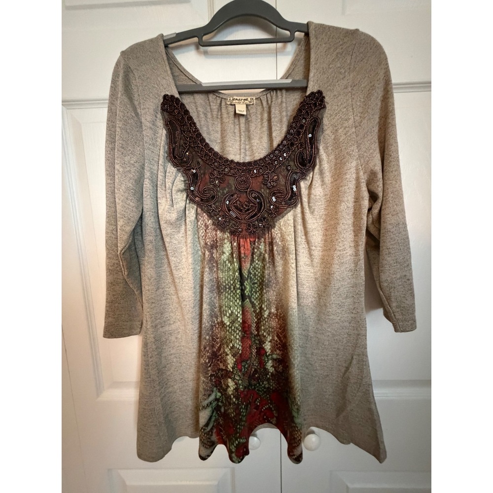 Energe World Wear Women 1X Tunic Top Bead Sequin Snake Print Boho Taupe 3/4 Slv‎